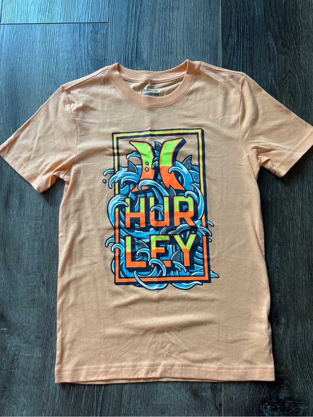 Hurley Peach Tee with Blue, Orange & Green Wave Logo